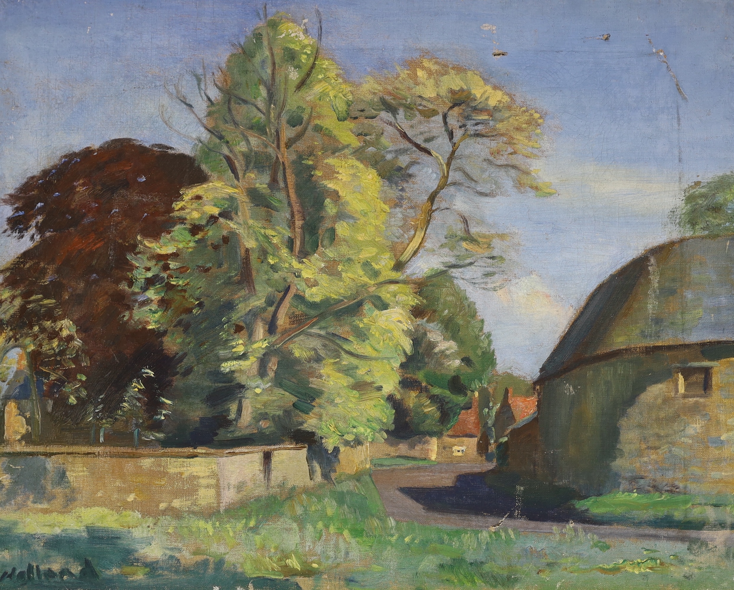 George Herbert Buckingham Holland (1901-1987), oil on canvas, 'Milton, Northants', signed and inscribed verso, 40 x 50cm, unframed. Condition - poor